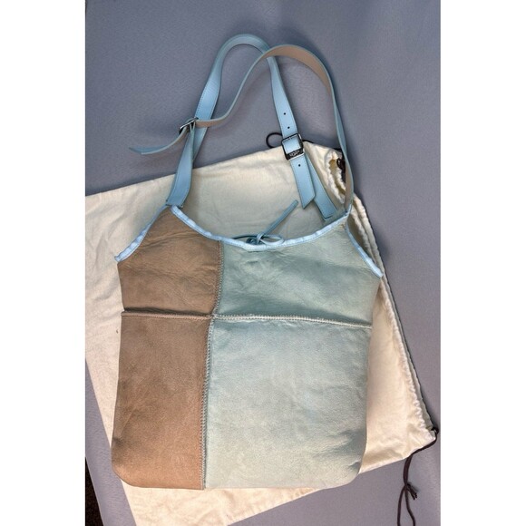 Ugg Tote Hobo Purse Shoulder Bag Bucket Sherpa Shearling Wool Baby Blue Tan - Picture 9 of 12